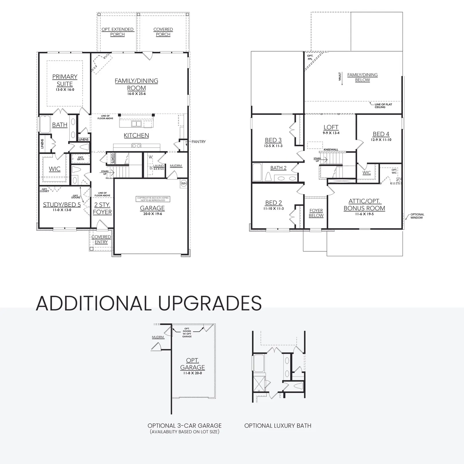 Floor plan drawing for the Torrey Pines II by Alta Homes, 4 bed (opt. 5), 2.5 bath (opt. 3), ~2,447 sqft